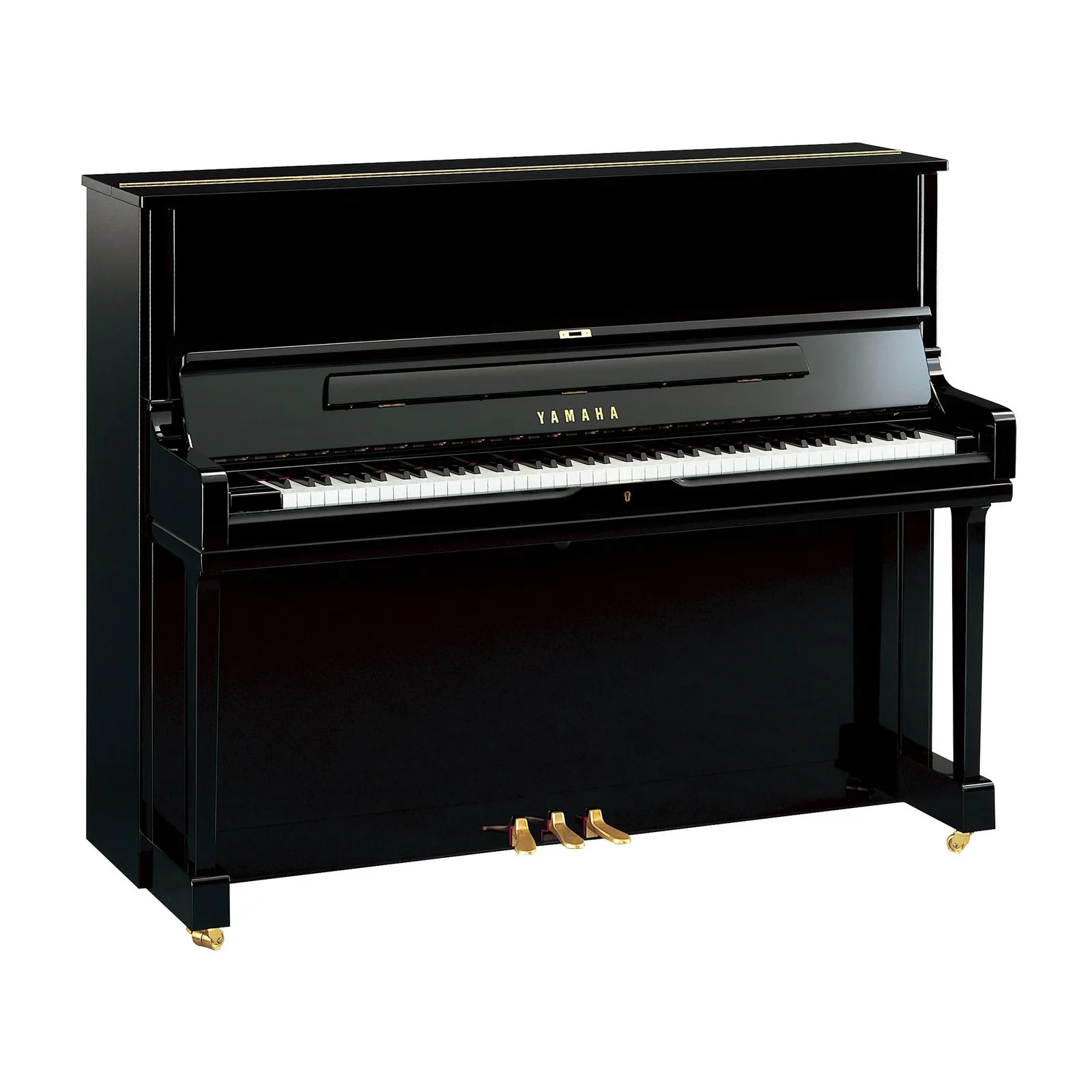 A Yamaha upright piano in polished ebony