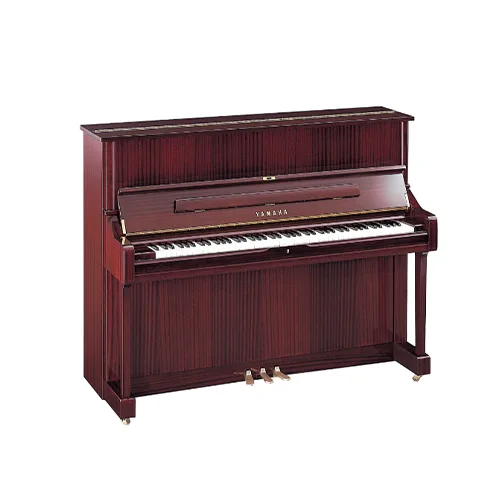 A Yamaha upright piano in a mahogany finish