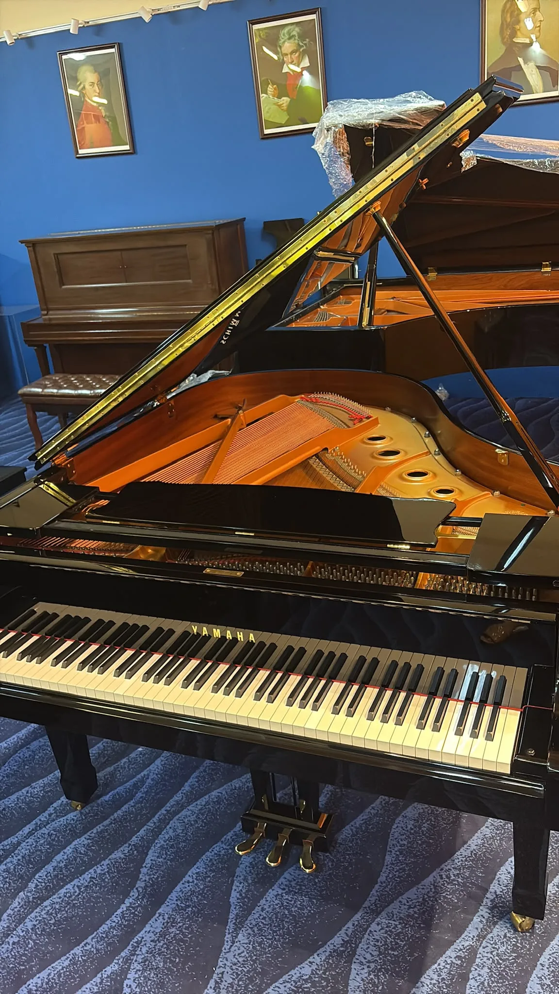 A grand piano with its lid raised in a blue room with portraits on the wall