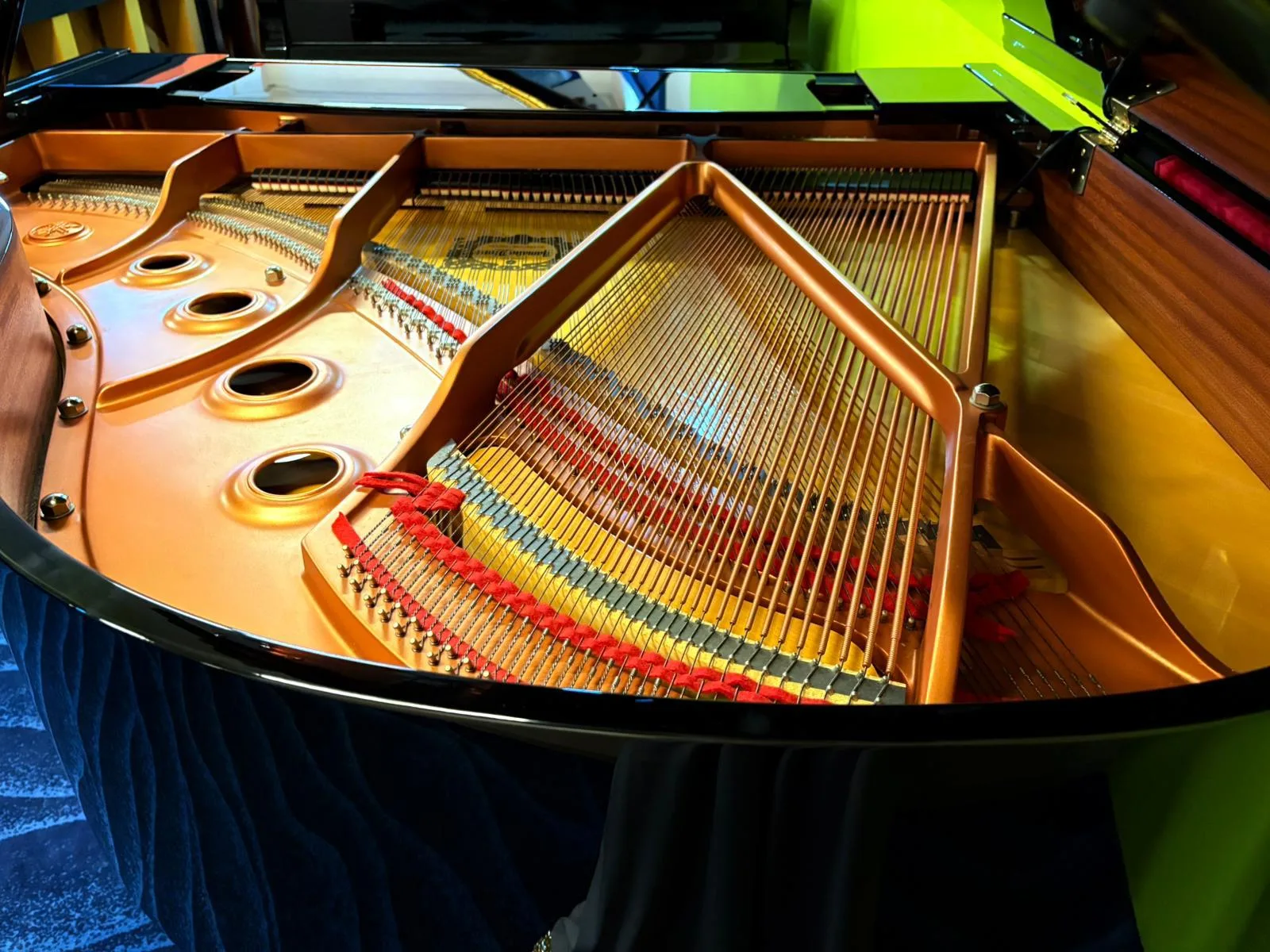 The plate, strings and soundboard of a grand piano