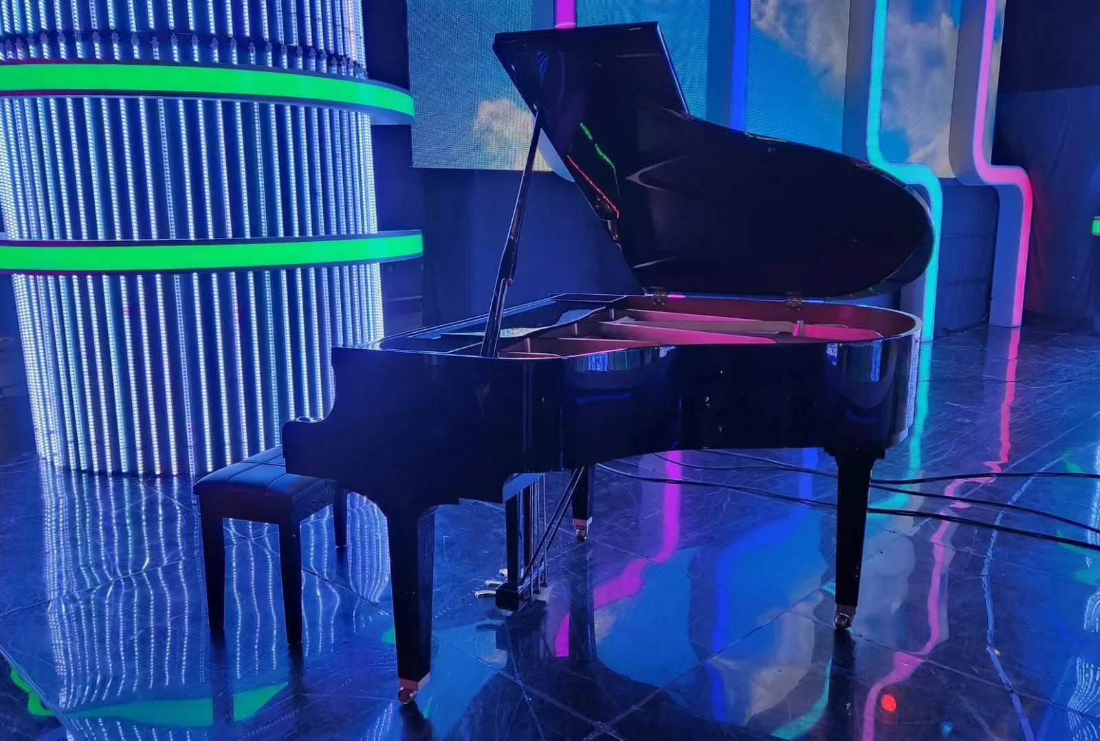 A grand piano on a Mediacorp television studio set