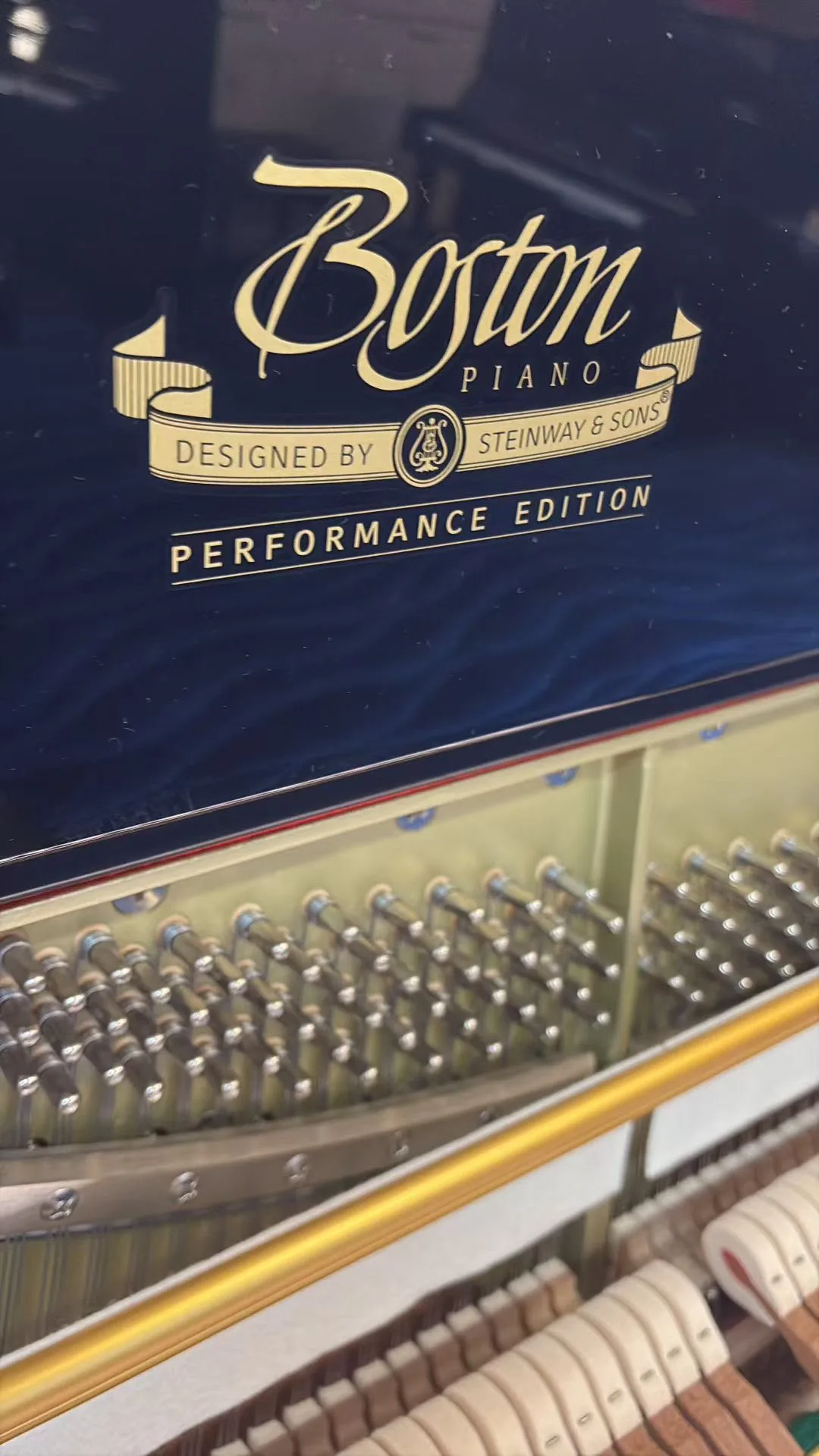 The Boston Piano decal reading designed by Steinway and Sons, Performance Edition