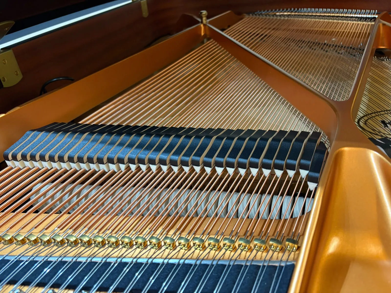 The strings, bracing and plate inside a Kawai GX-1 grand piano